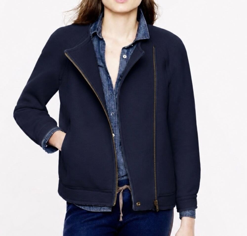 J. Crew Double Cloth Italian Wool Blend Moto Jacket Zip Coat Navy Blue